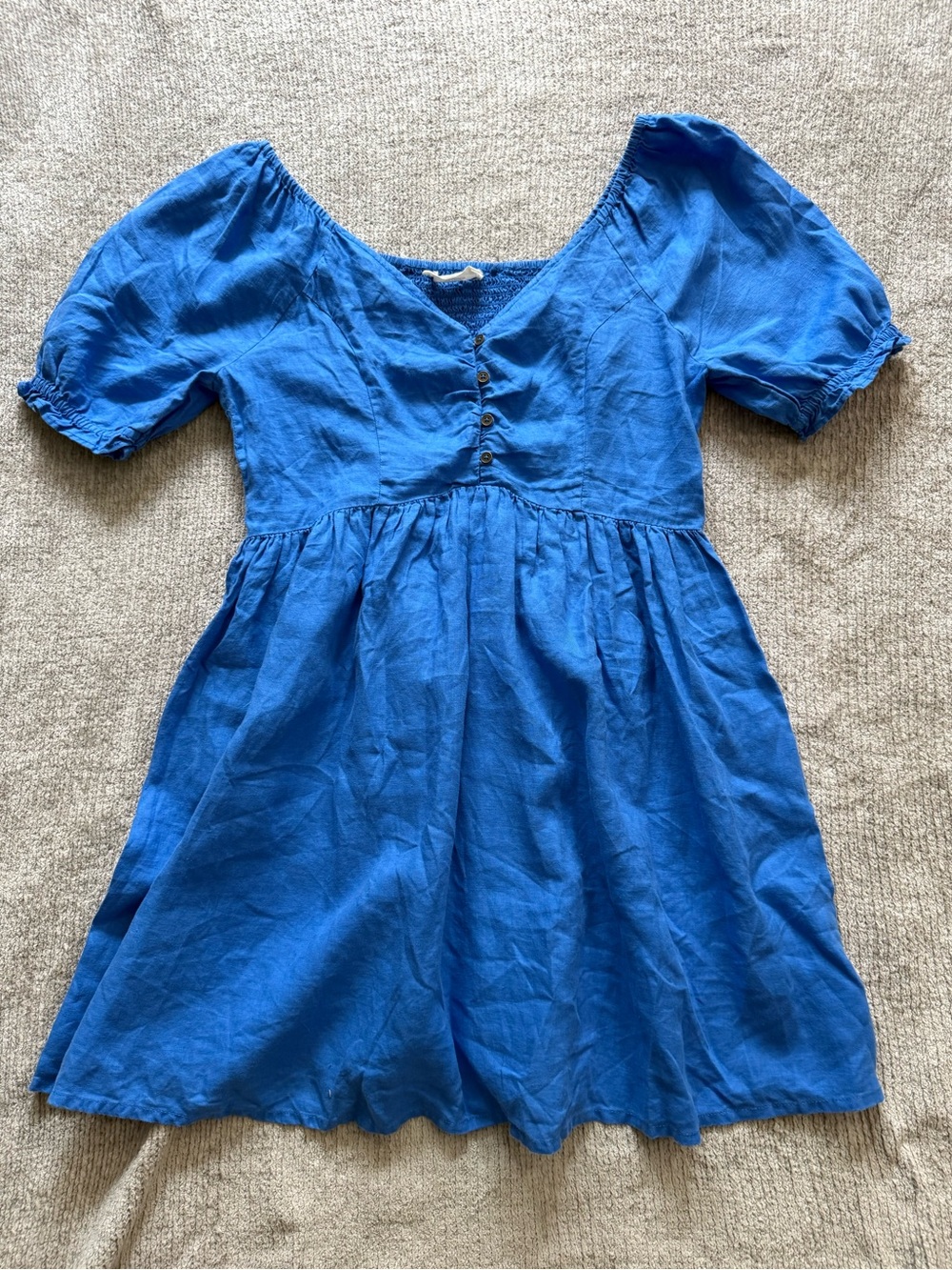 FatFace‎ Blue Linen Puff Sleeve Dress Smocked Back Size 16R